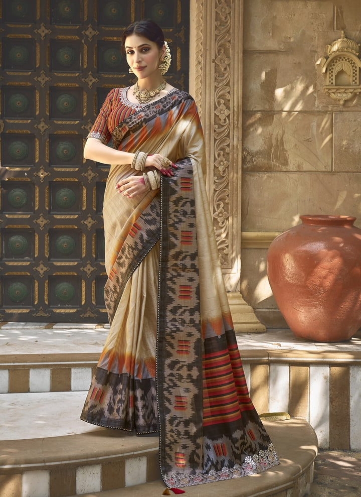 Lassya Fashion Cream-Mustard Designer Festive Saree with Pure Gota Work