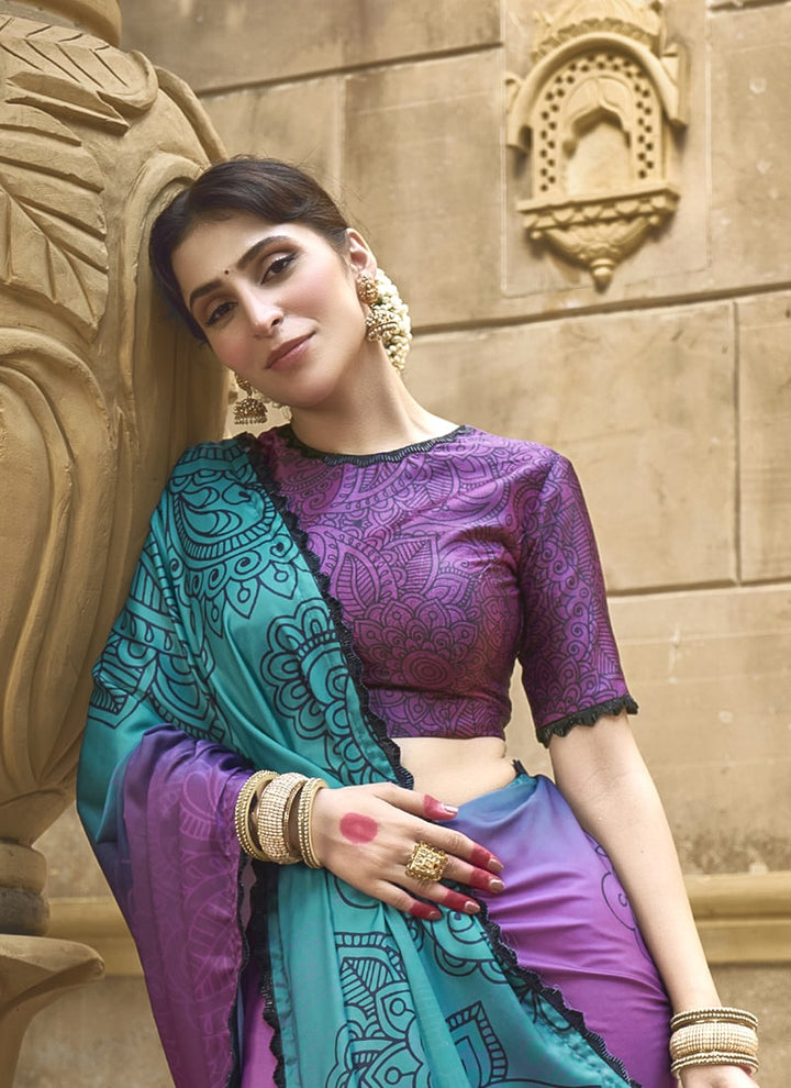 Lassya Fashion Purple-Blue Designer Festive Saree with Pure Handwork