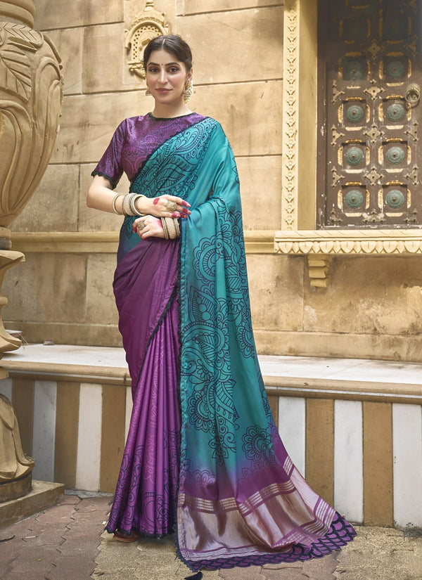 Lassya Fashion Purple-Blue Designer Festive Saree with Pure Handwork