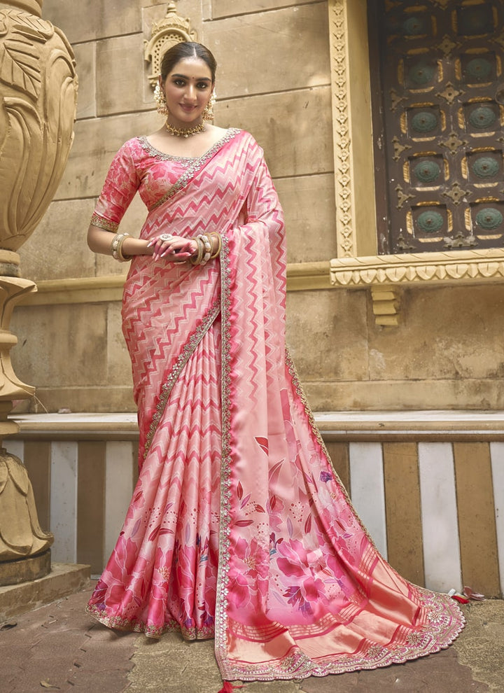 Lassya Fashion Rose Pink Designer Festive Saree with Foil and Moti Work