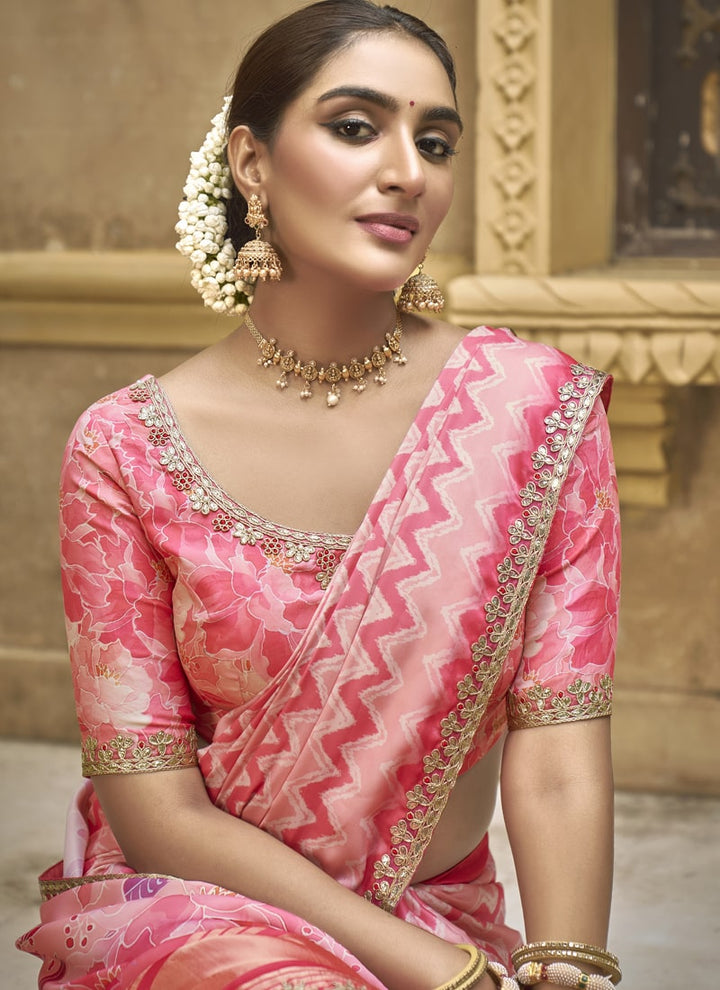 Lassya Fashion Rose Pink Designer Festive Saree with Foil and Moti Work