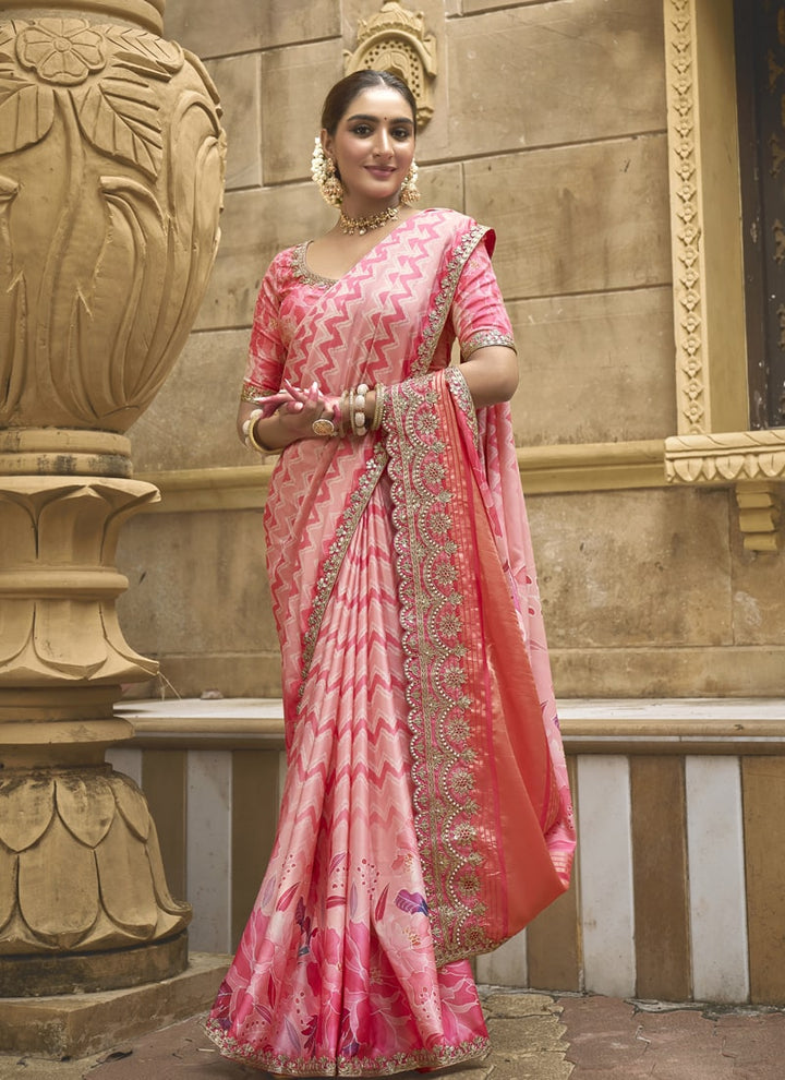 Lassya Fashion Rose Pink Designer Festive Saree with Foil and Moti Work