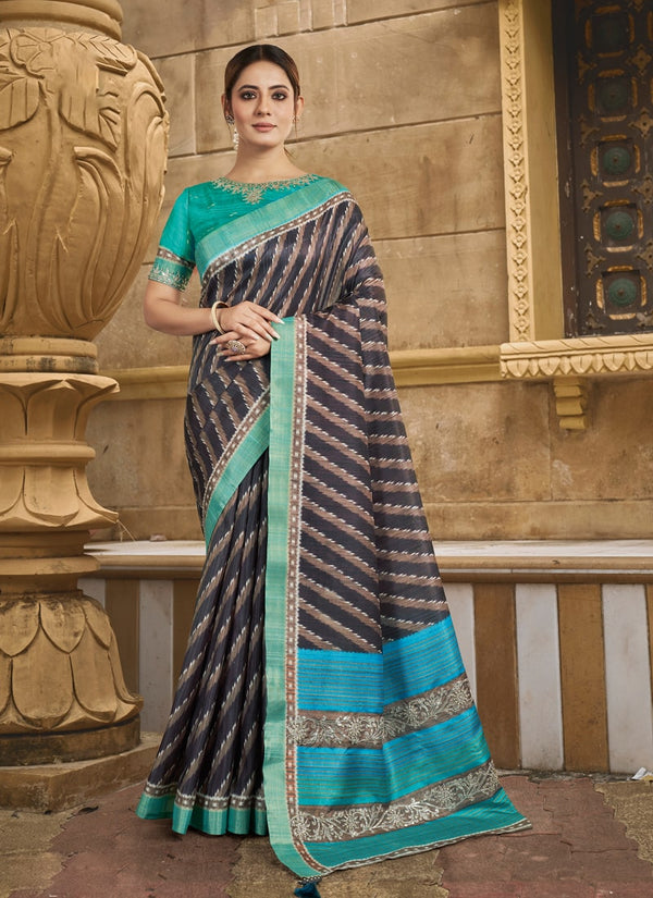 Lassya Fashion Black-Teal Green Designer Festive Saree with Floral Print