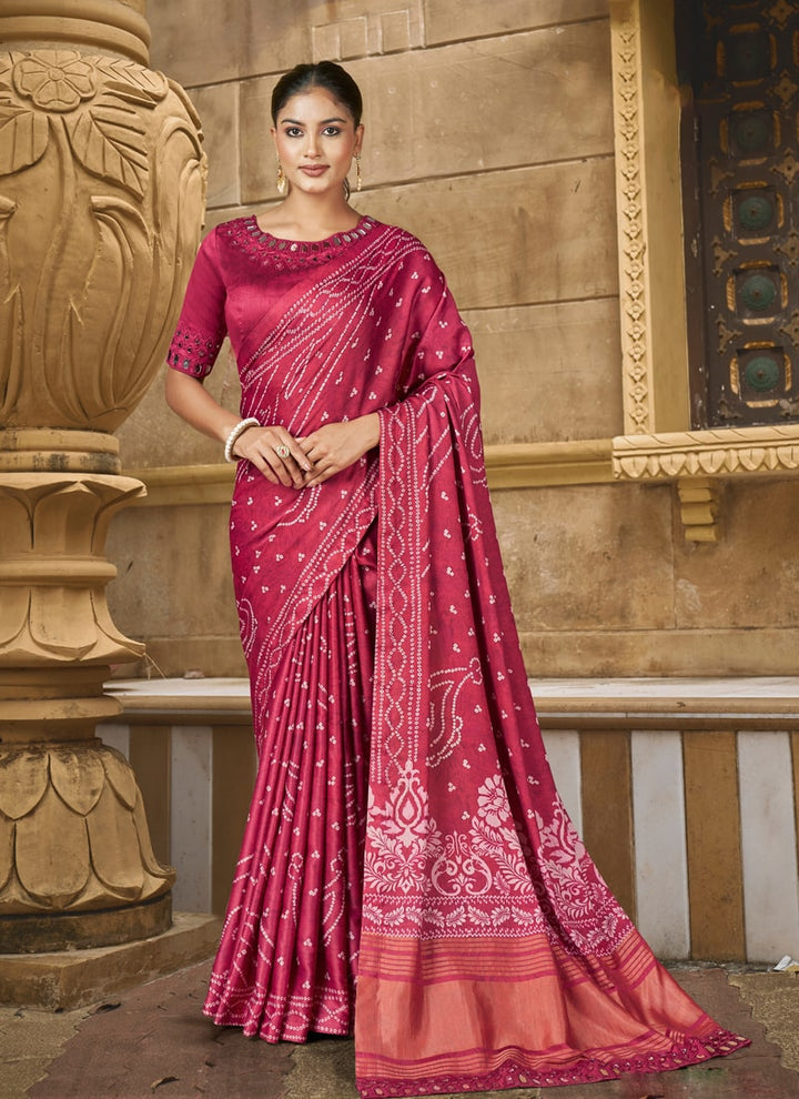 Lassya Fashion Crimson Red Designer Festive Saree with Stripe Print and Stone Work