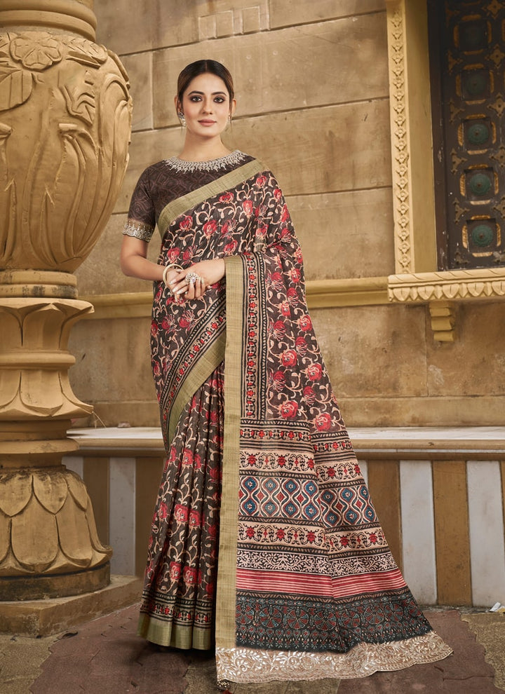 Lassya Fashion Coffee Brown Floral Print Saree with Stone Work