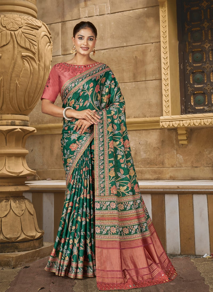 Lassya Fashion Castleton Green Floral Print Saree with Mirror Work