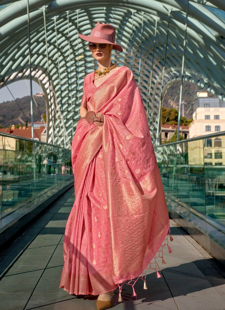 Lassya Fashion Flamingo Pink Silk Saree with Handloom Check Weaving