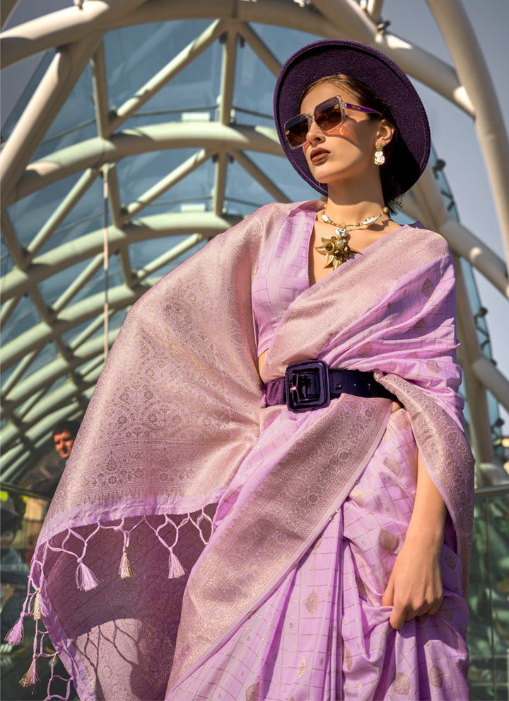 Lassya Fashion Dark Lavender Silk Saree with Handloom Check Weaving