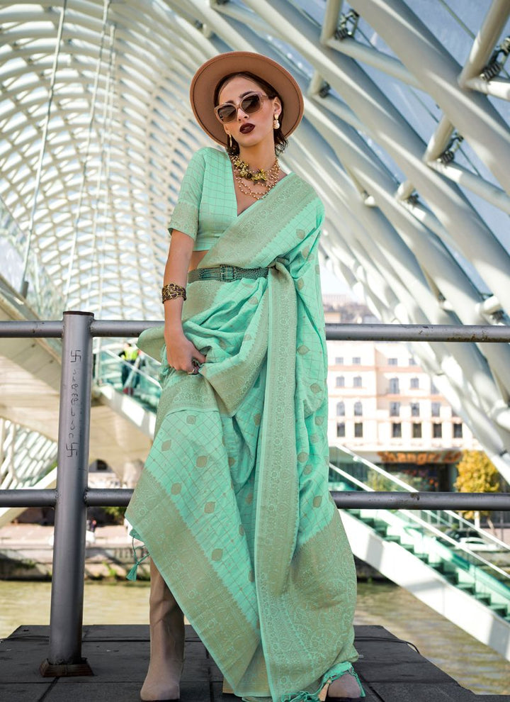 Lassya Fashion Sea Green Silk Saree with Handloom Check Weaving