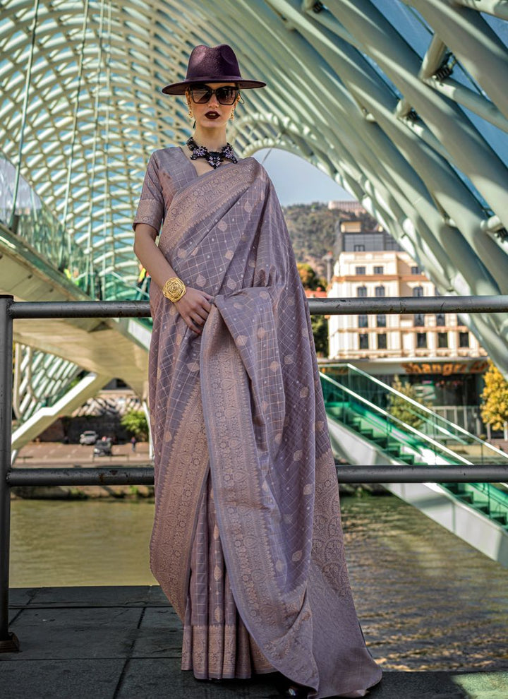 Lassya Fashion Grey-Lavender Silk Saree with Handloom Check Weaving