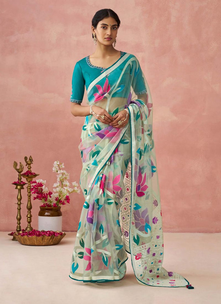 Lassya Fashion White-Teal Green Stunning Brasso Organza Festive Saree