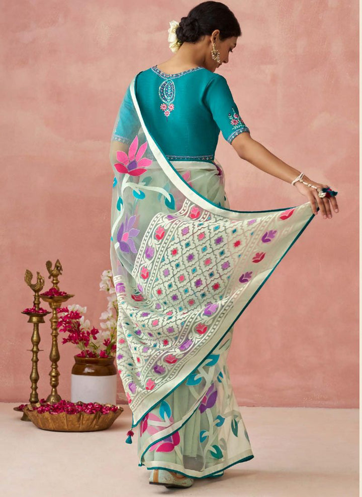 Lassya Fashion White-Teal Green Stunning Brasso Organza Festive Saree