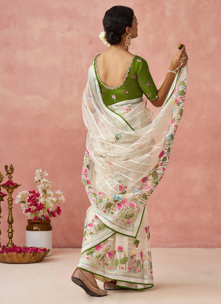 Lassya Fashion White-Olive Green Stunning Brasso Organza Festive Saree