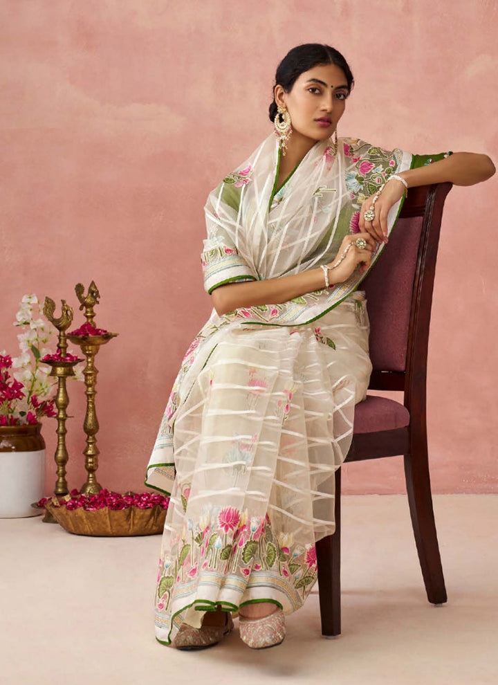 Lassya Fashion White-Olive Green Stunning Brasso Organza Festive Saree