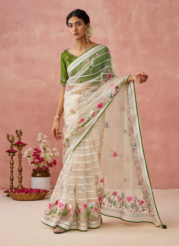 Lassya Fashion White-Olive Green Stunning Brasso Organza Festive Saree