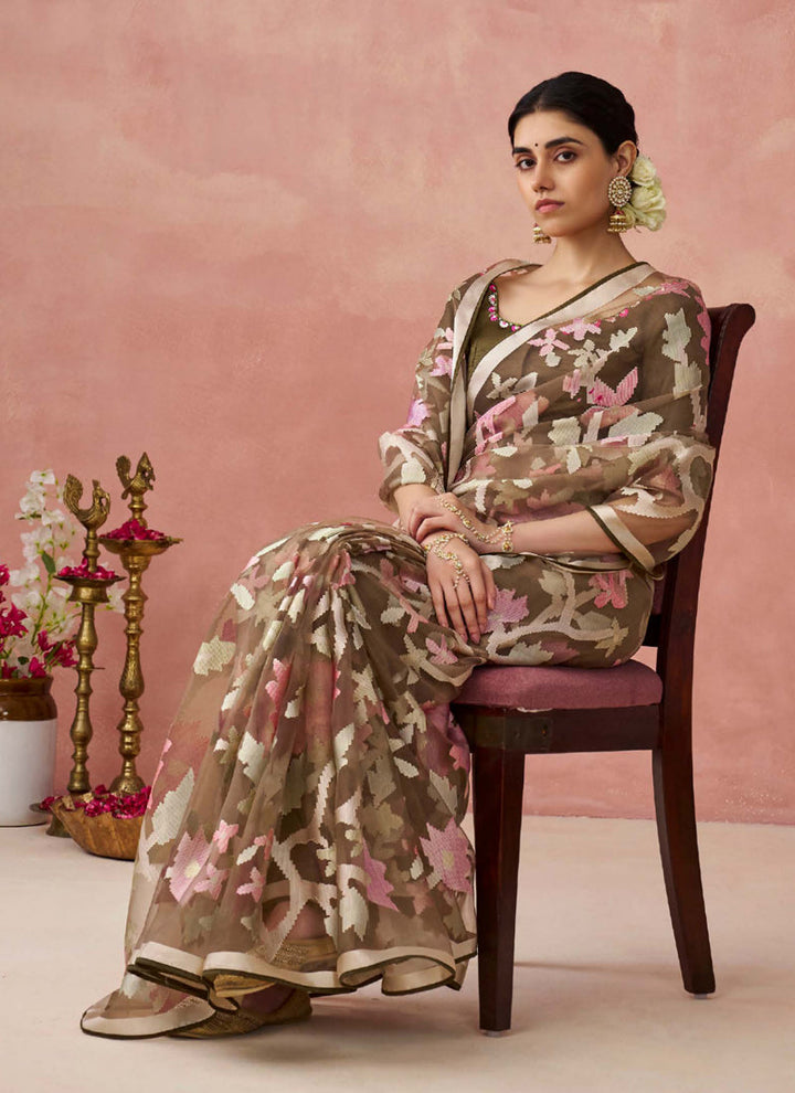 Lassya Fashion Brown Stunning Brasso Organza Festive Saree