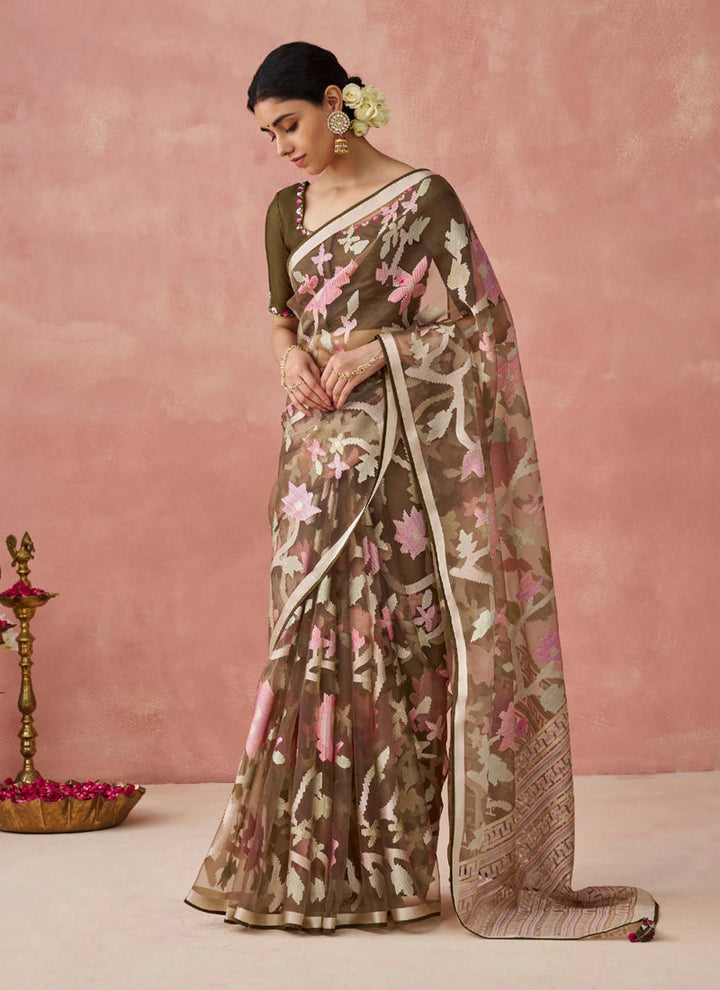 Lassya Fashion Brown Stunning Brasso Organza Festive Saree