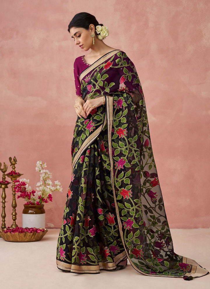 Lassya Fashion Dark Black Stunning Brasso Organza Festive Saree