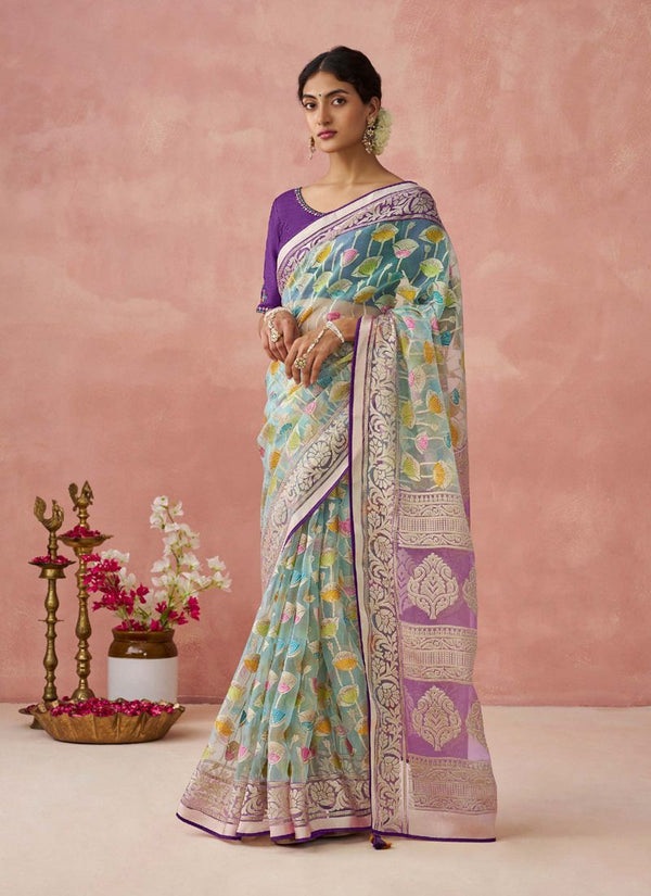 Lassya Fashion Sky Blue Stunning Brasso Organza Festive Saree