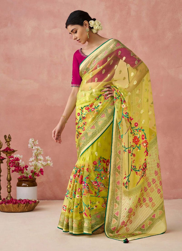 Lassya Fashion Lemon Yellow Stunning Brasso Organza Festive Saree