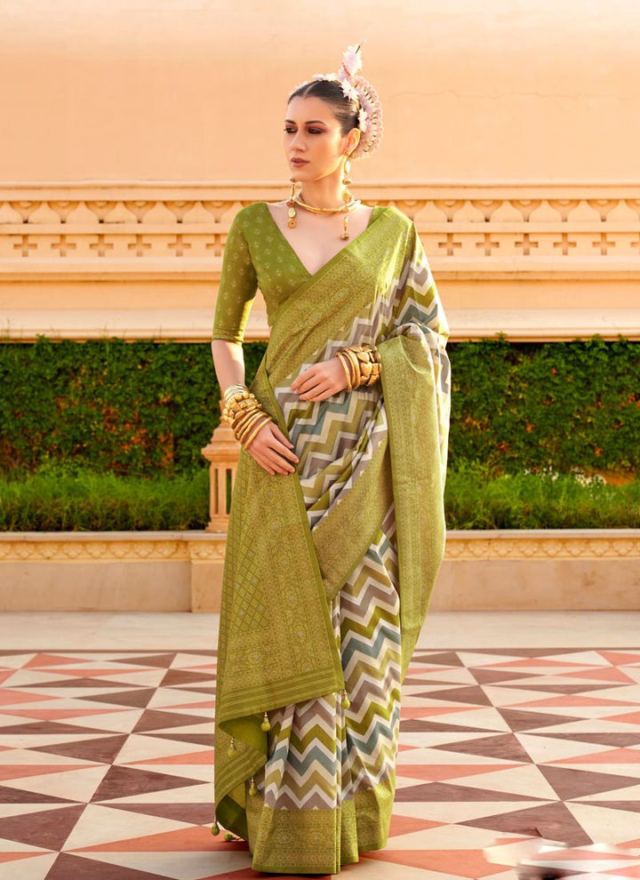 Lassya Fashion Olive Green Printed PV Silk Saree with Foil Design