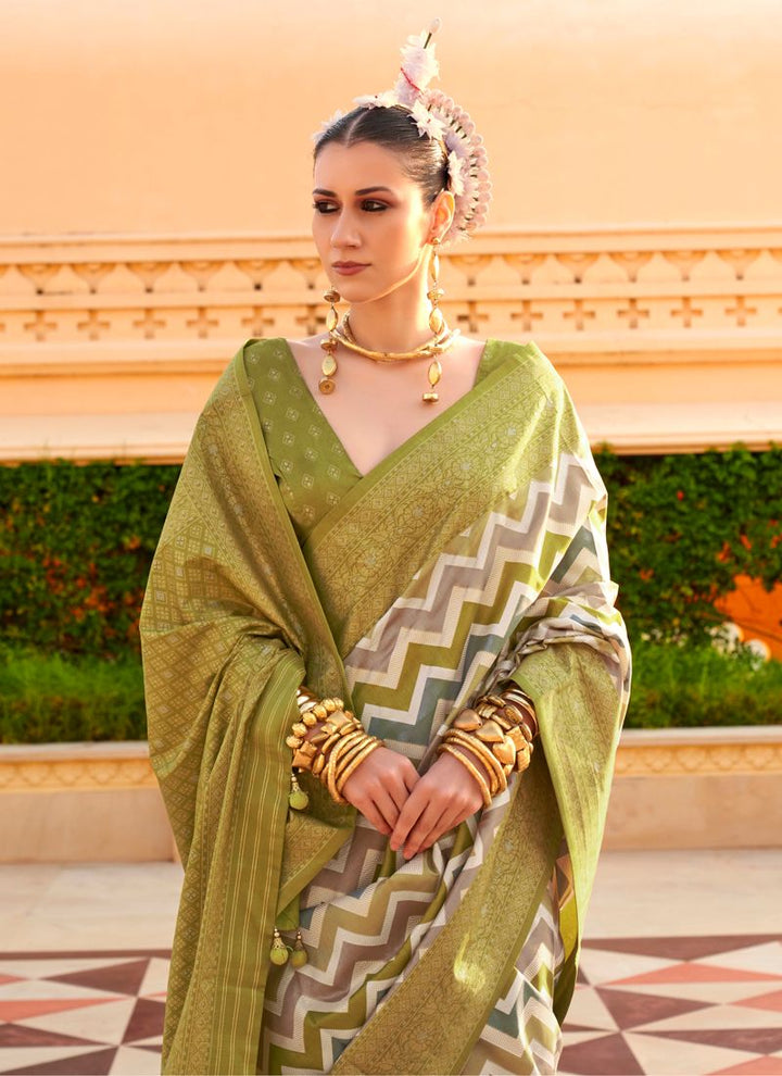 Lassya Fashion Olive Green Printed PV Silk Saree with Foil Design