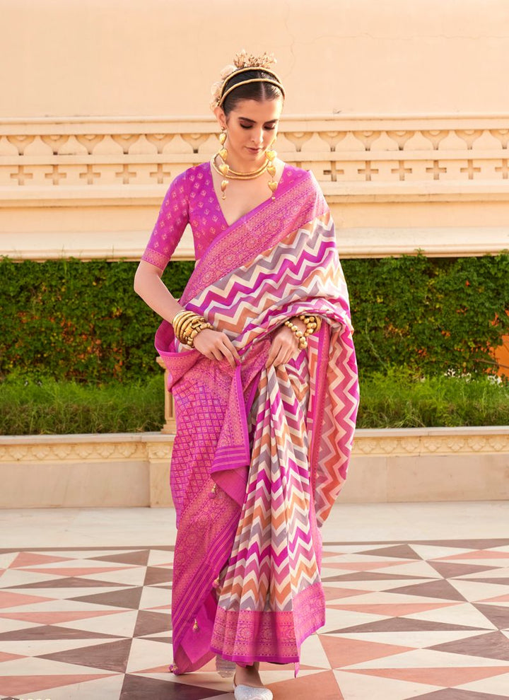 Lassya Fashion Bougainvillea pink Printed PV Silk Saree with Foil Design