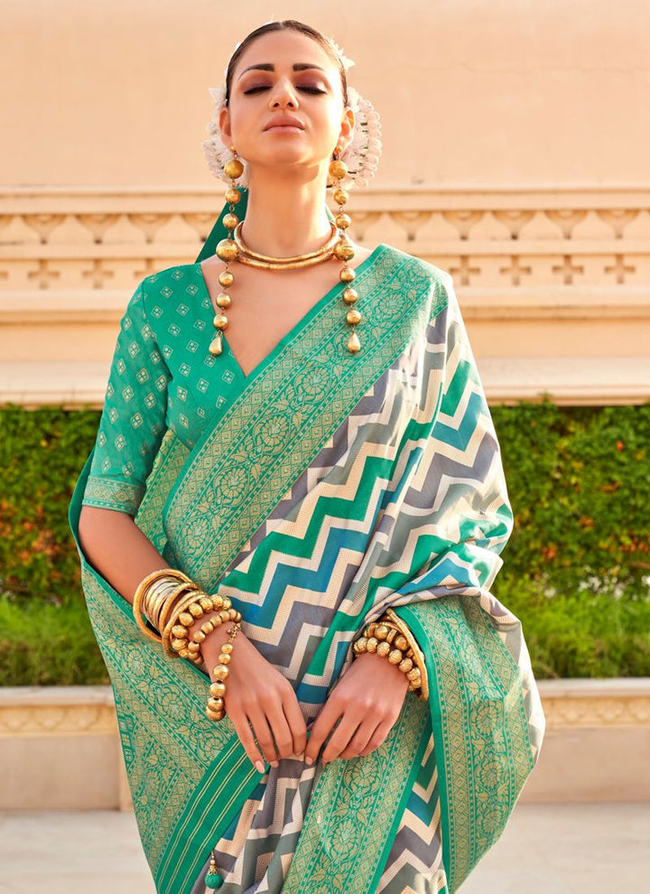 Lassya Fashion Teal Green Printed PV Silk Saree with Foil Design