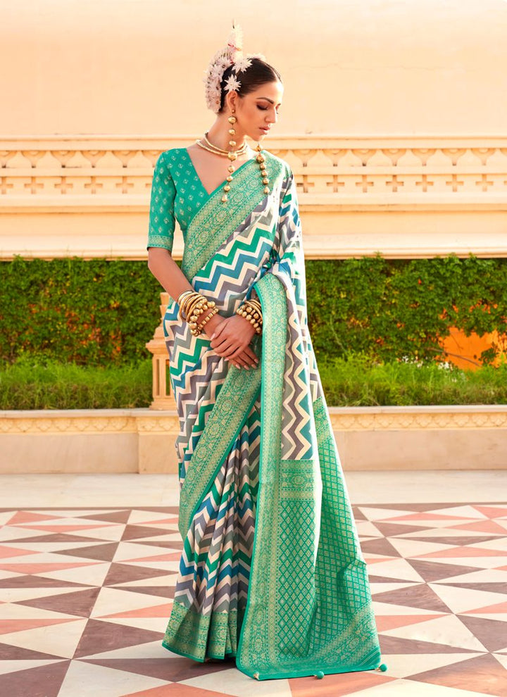 Lassya Fashion Teal Green Printed PV Silk Saree with Foil Design