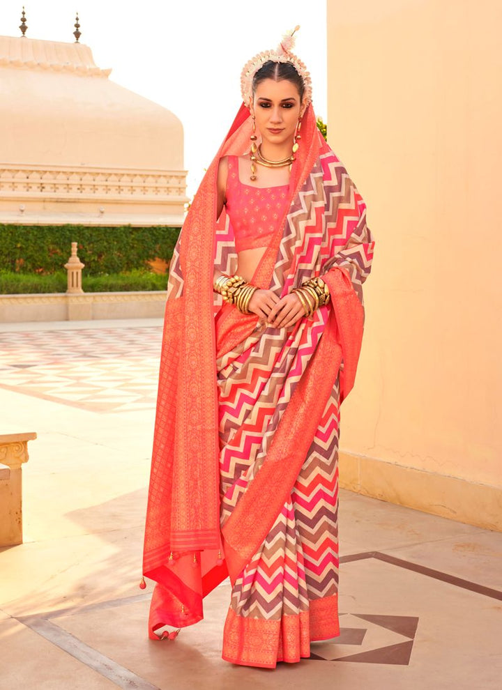 Lassya Fashion Bright Pink Printed PV Silk Saree with Foil Design