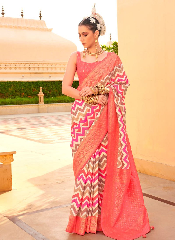 Lassya Fashion Bright Pink Printed PV Silk Saree with Foil Design