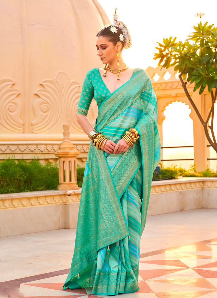 Lassya Fashion Peacock Green Printed PV Silk Saree with Foil Design