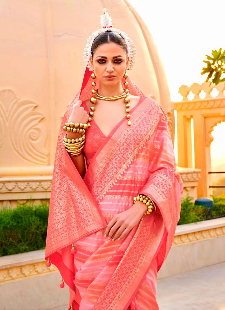 Lassya Fashion Barbie Pink Printed PV Silk Saree with Foil Design