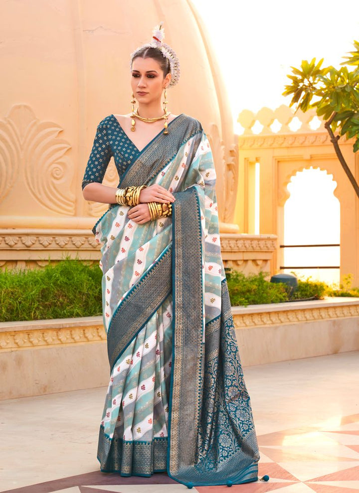 Lassya Fashion Rama Green Printed PV Silk Saree with Foil Design