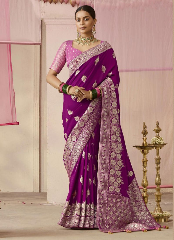 Lassya Fashion Blueberry-Purple Party Wear Dola Viscose Silk Saree