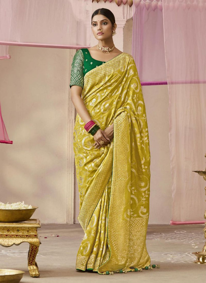 Lassya Fashion Dandelion Yellow Party Wear Dola Viscose Silk Saree