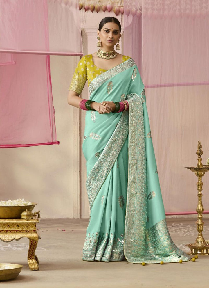 Lassya Fashion Sky Green Party Wear Dola Viscose Silk Saree