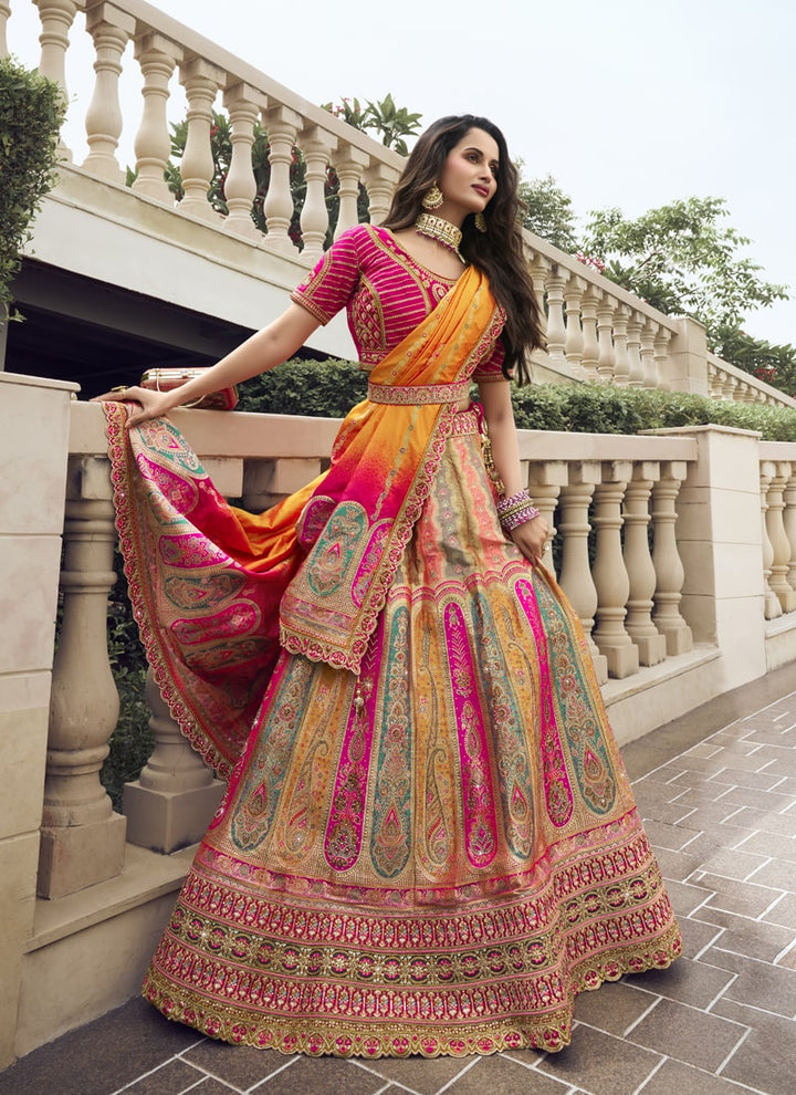 Lassya Fashion Pink-Mustard Wedding Lehenga with Sequins and Embroidery