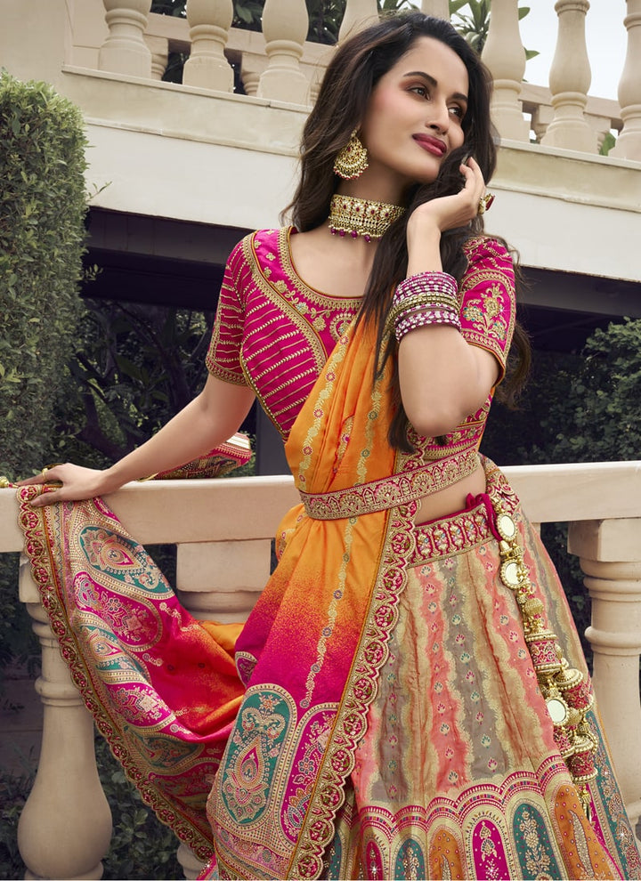 Lassya Fashion Pink-Mustard Wedding Lehenga with Sequins and Embroidery