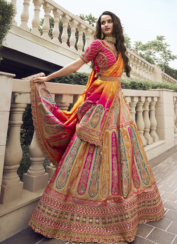 Lassya Fashion Pink-Mustard Wedding Lehenga with Sequins and Embroidery