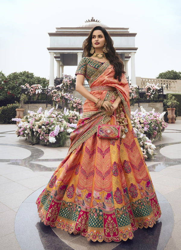 Lassya Fashion Green-Orange Wedding Lehenga with Sequins and Embroidery