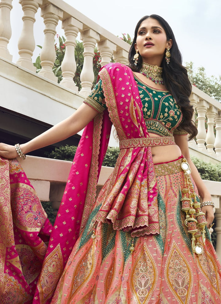 Lassya Fashion Green-Pink Wedding Lehenga with Sequins and Embroidery