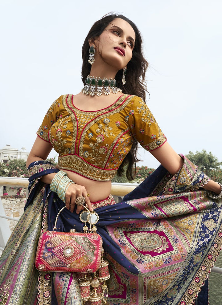 Lassya Fashion Navy Blue-Mustard Wedding Lehenga with Sequins and Embroidery