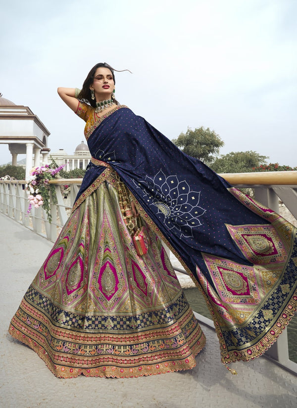 Lassya Fashion Navy Blue-Mustard Wedding Lehenga with Sequins and Embroidery