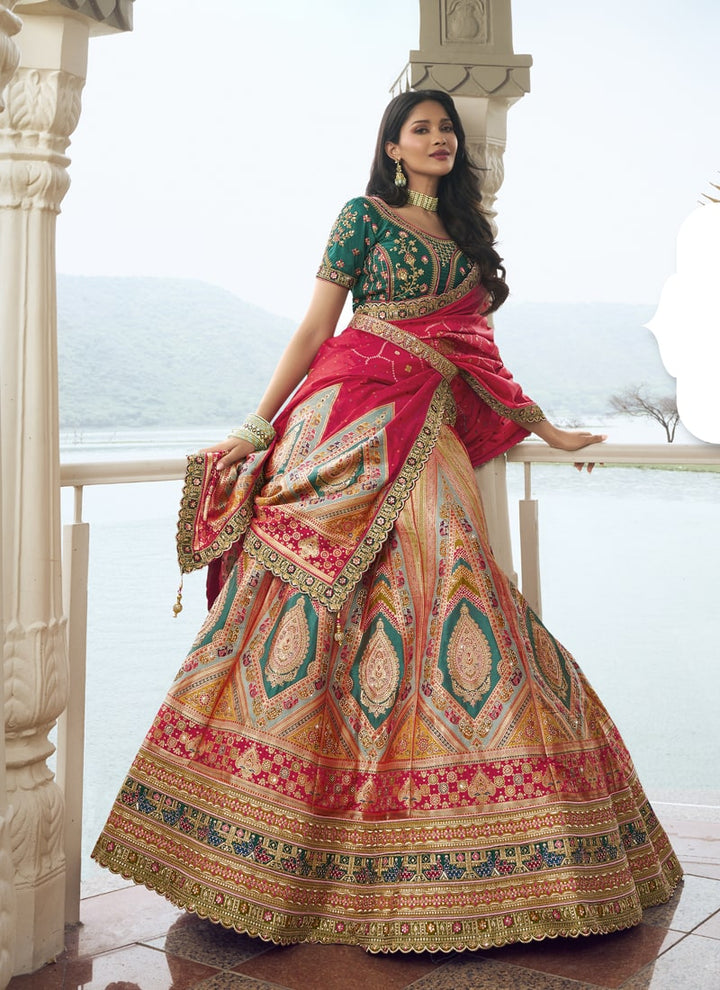 Lassya Fashion Green-Red Wedding Lehenga with Sequins and Embroidery