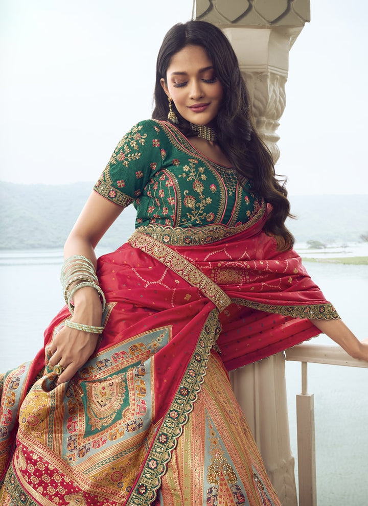 Lassya Fashion Green-Red Wedding Lehenga with Sequins and Embroidery