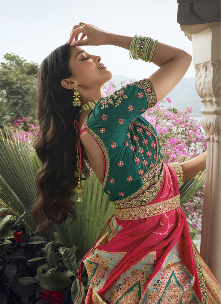 Lassya Fashion Green-Red Wedding Lehenga with Sequins and Embroidery