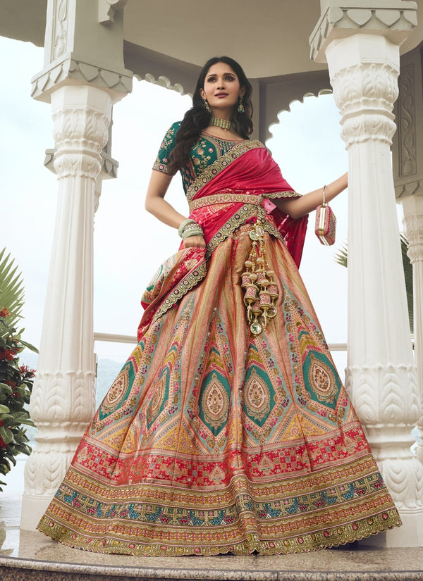 Lassya Fashion Green-Red Wedding Lehenga with Sequins and Embroidery