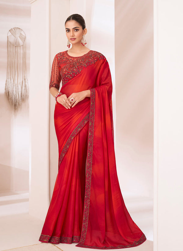 Lassya Fashion Scarlet Red Shaded Silver Chiffon Party Wear Saree