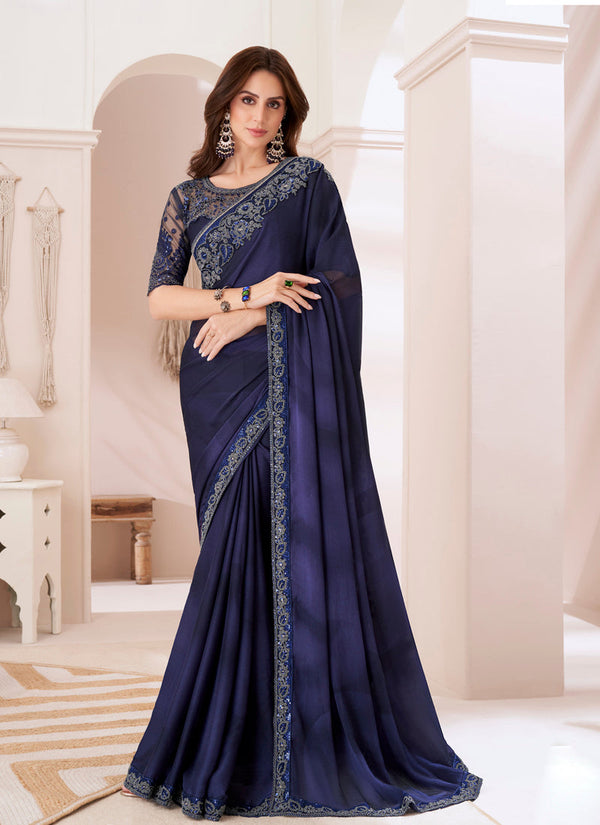 Lassya Fashion Navy Blue Shaded Silver Chiffon Party Saree